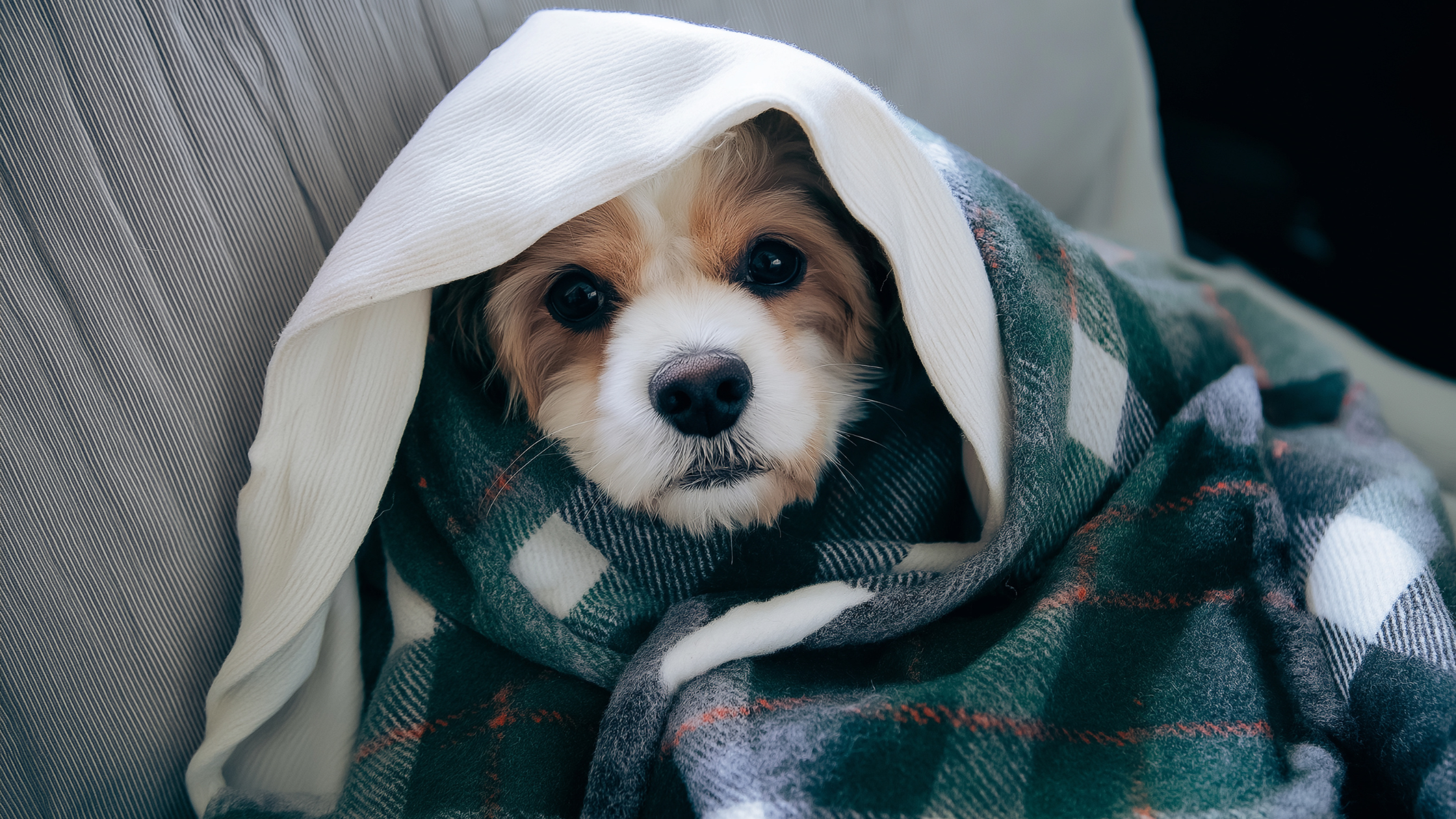 Een kleine hond kijkt met grote ogen naar de camera terwijl hij warm is ingepakt in een deken, met een doekje losjes over zijn kop.