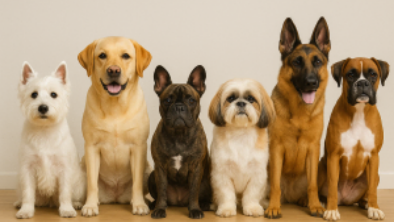 Zes honden van verschillende rassen zitten naast elkaar op een houten vloer voor een beige muur, allemaal rustig kijkend naar de camera.