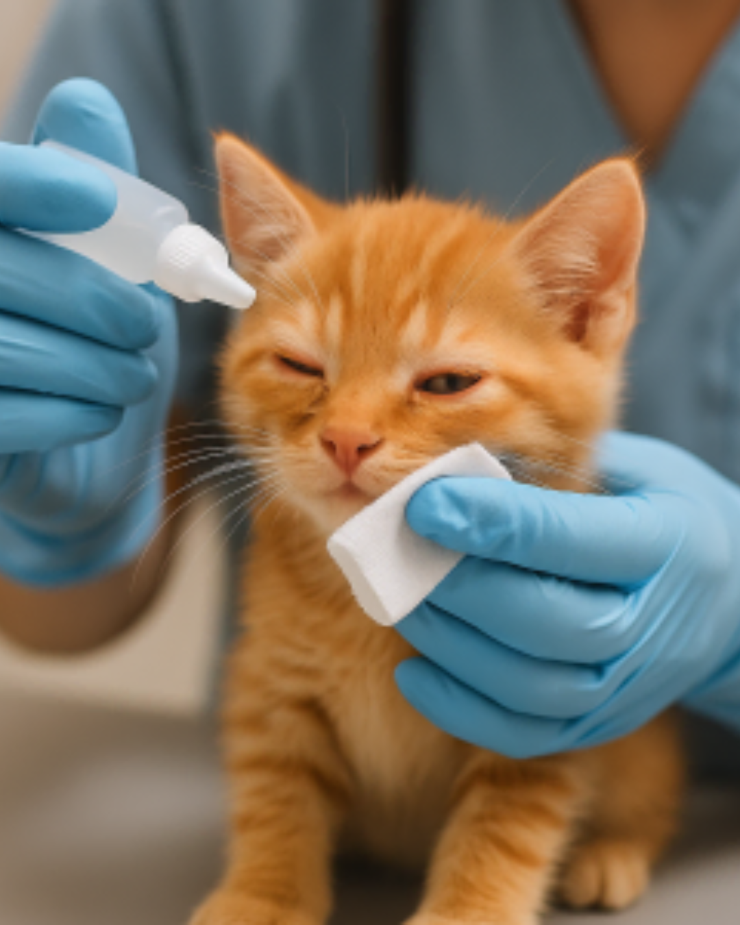 Een dierenarts met blauwe handschoenen dient oogdruppels toe aan een oranje kitten en gebruikt een gaasje om het traanvocht rond het oog schoon te maken.