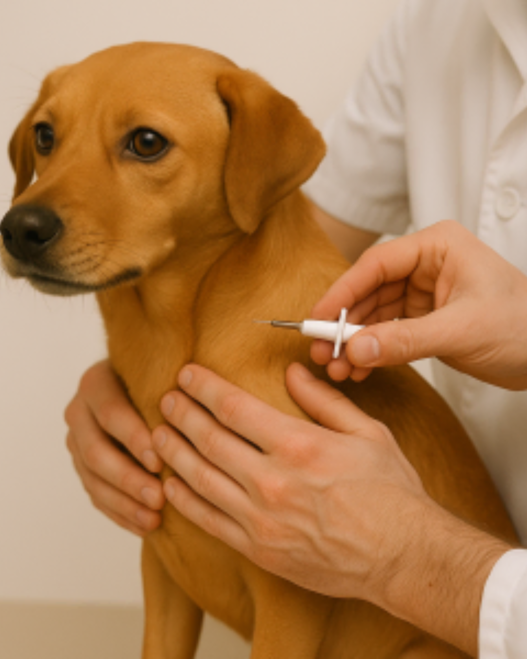 Een dierenarts in witte jas brengt een identificatiechip in bij een bruine hond door middel van een microchipnaald in de nekregio.