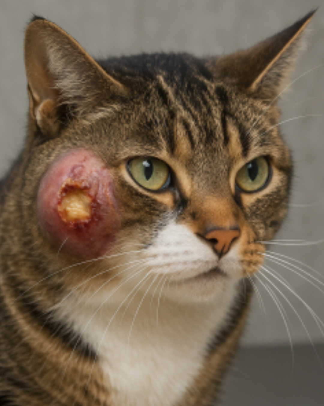 Een gestreepte kat met groene ogen heeft een grote, rode zwelling met een wond op de wang. De kat kijkt recht vooruit tegen een neutrale achtergrond.