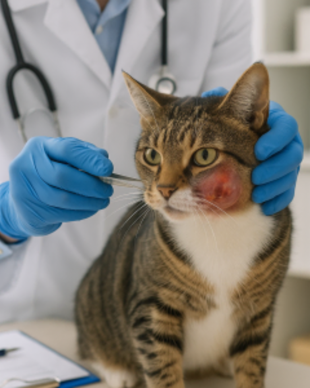 Een dierenarts met blauwe handschoenen onderzoekt de wang van een gestreepte kat met een rode, ontstoken zwelling. De kat zit op een onderzoekstafel in een klinische omgeving.