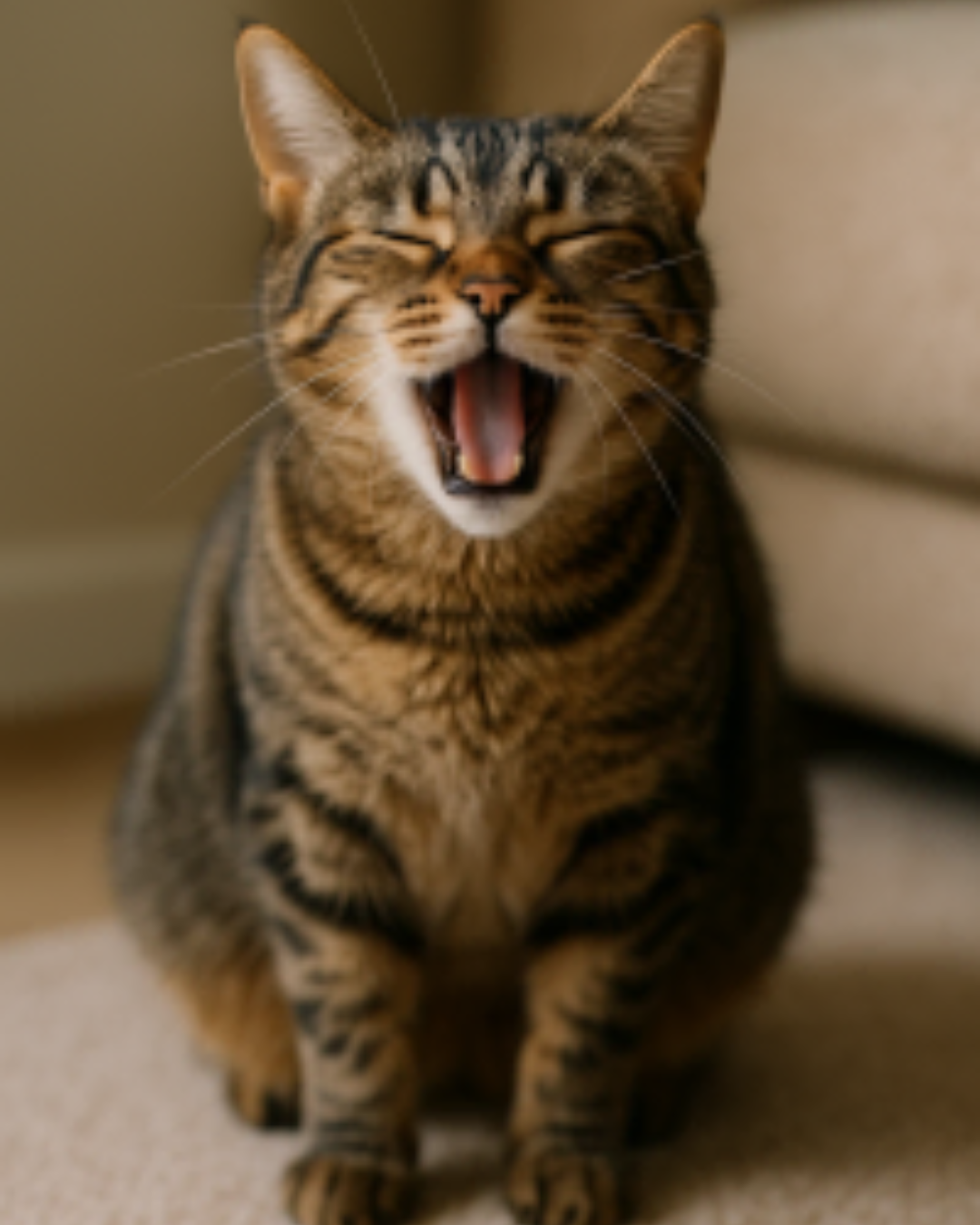 Een bruingestreepte kat zit op de grond met haar bek wijd open alsof ze hoest. De achtergrond is binnenshuis en zacht belicht.