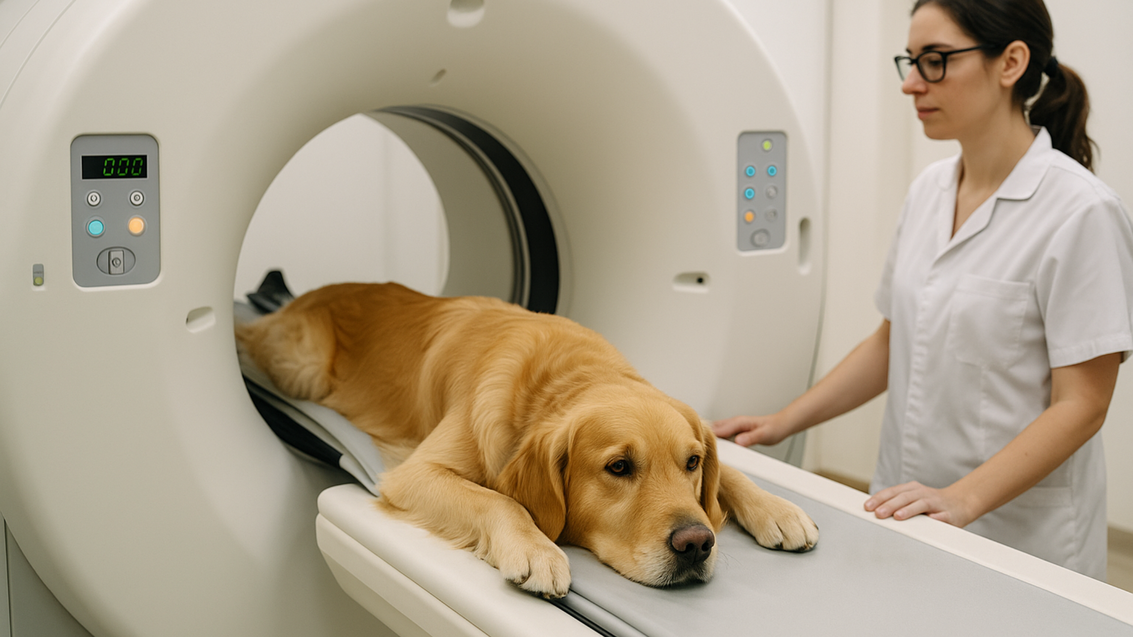 Een dierenarts begeleidt een hond die in een MRI- of CT-scanner ligt voor een medisch onderzoek.