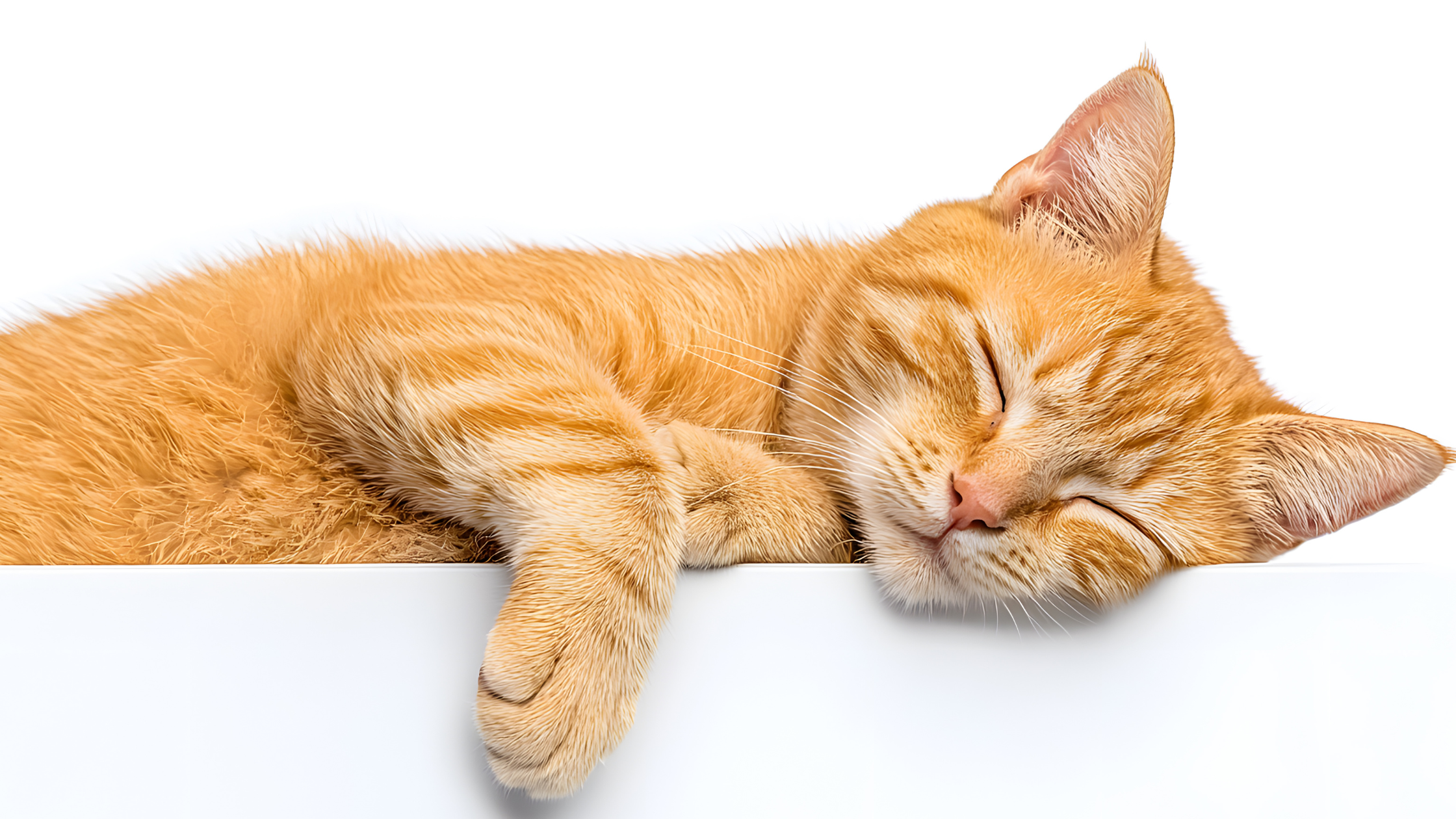 Een oranje kat ligt rustig te slapen met gesloten ogen, haar poot ontspannen over de rand van een wit oppervlak.