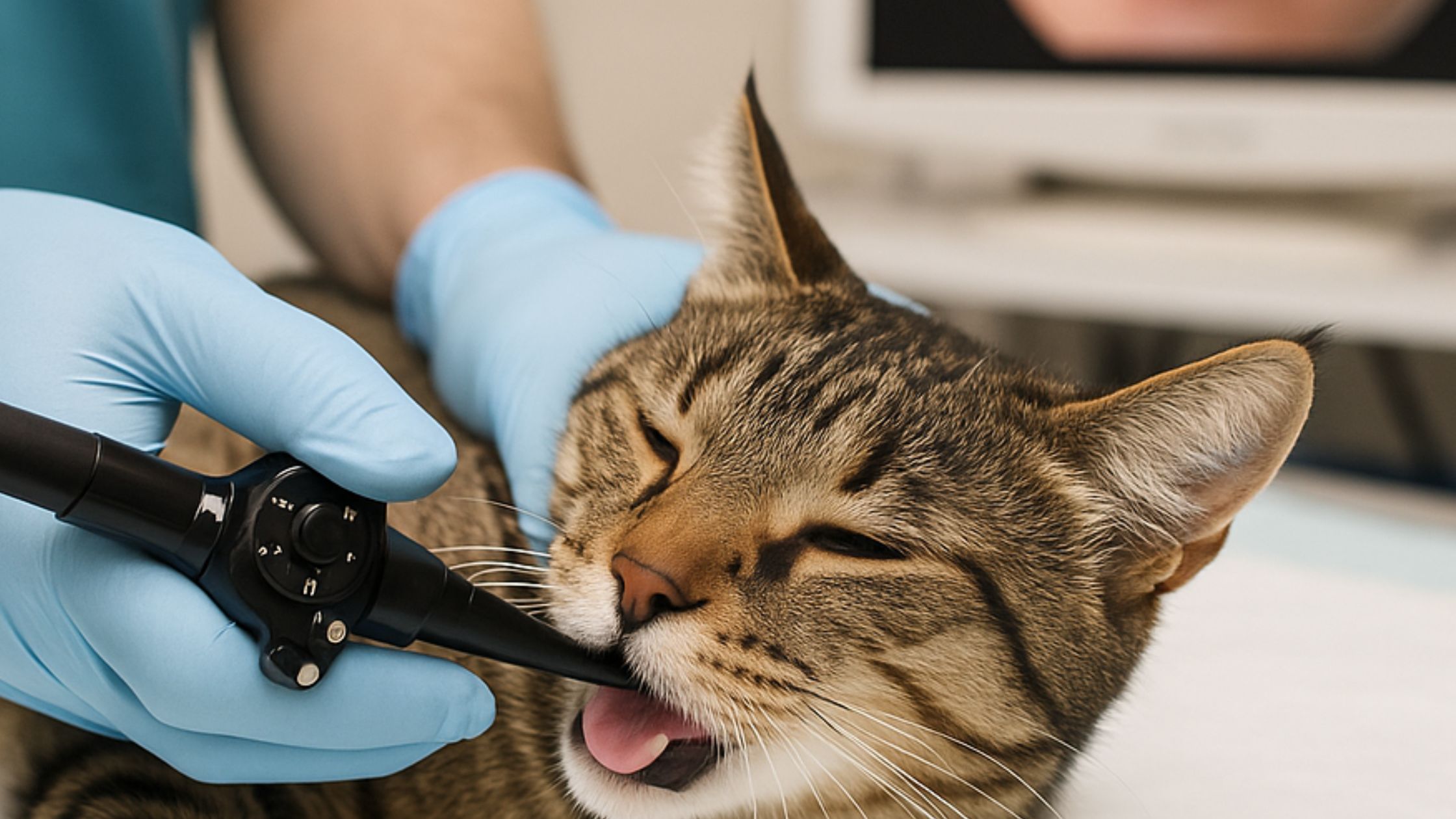 Een dierenarts onderzoekt de mond van een gestreepte kat met een endoscoop terwijl de kat zijn tong uitsteekt.