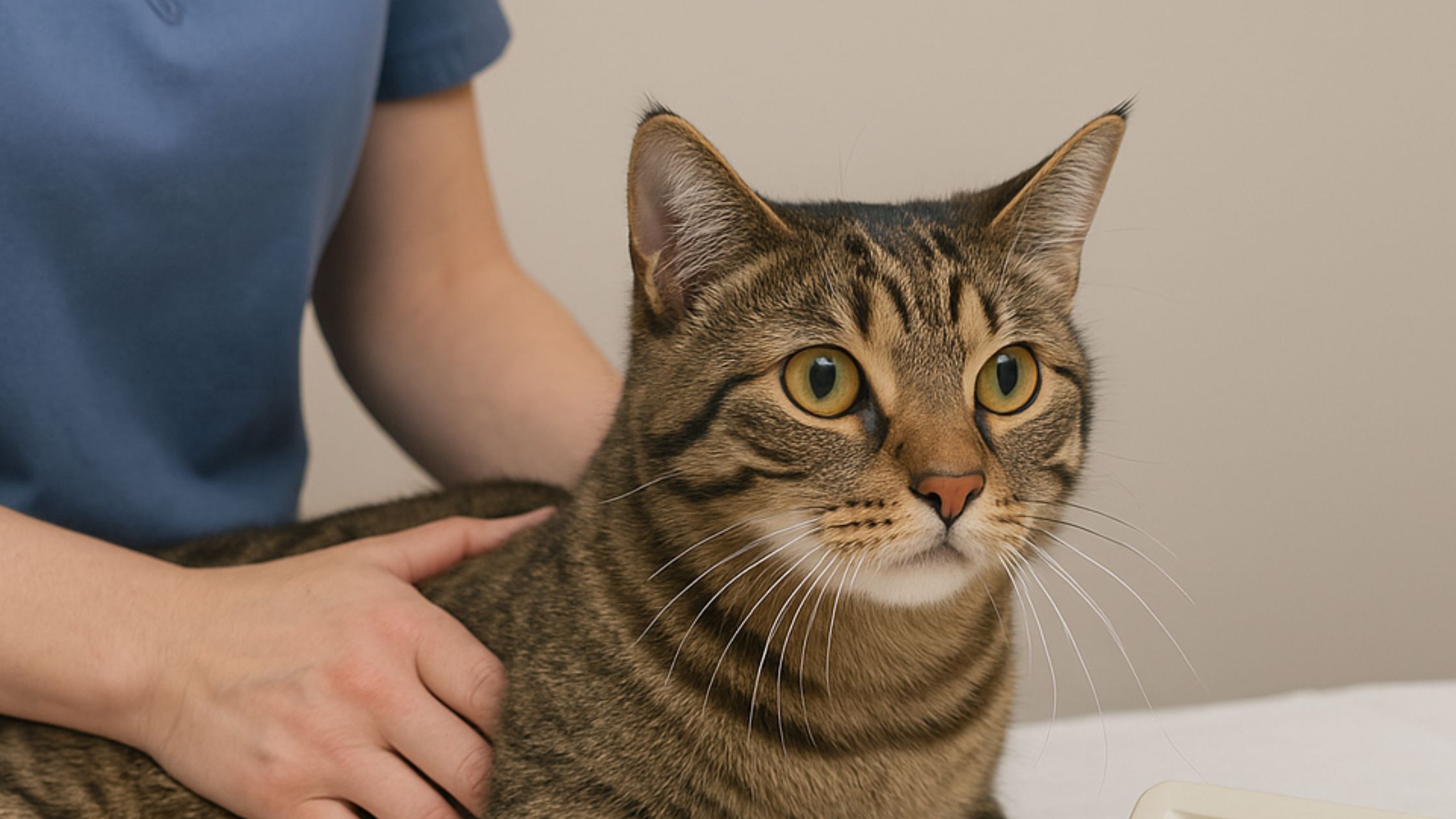 Een alert kijkende gestreepte kat zit op een onderzoekstafel terwijl een dierenarts voorzichtig zijn rug vasthoudt.