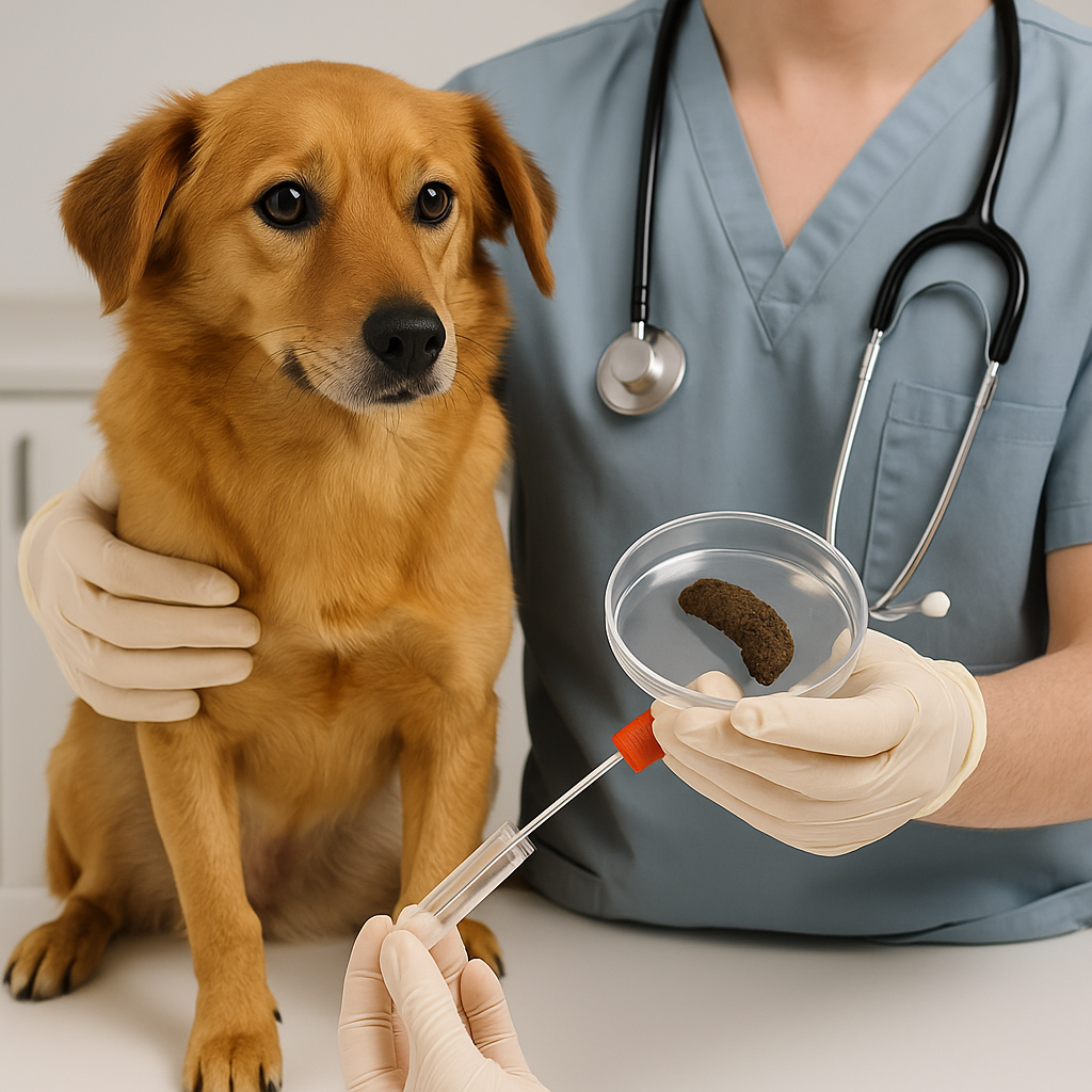 Een bruine hond zit op een operatietafel naar een loep te kijken waar zijn drol in zit