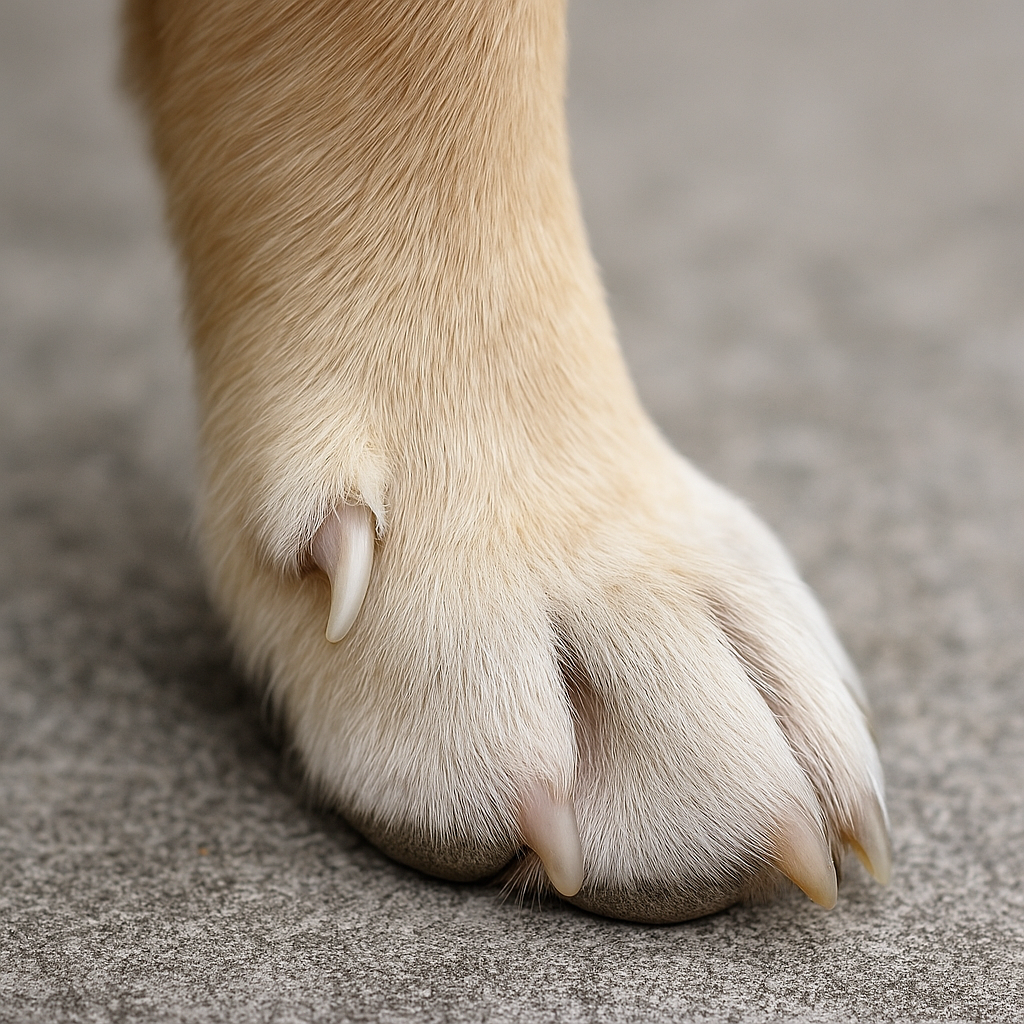 Bruine poten van een hond en witte onderkant van de poten waarbij je een wolfsklauw ziet