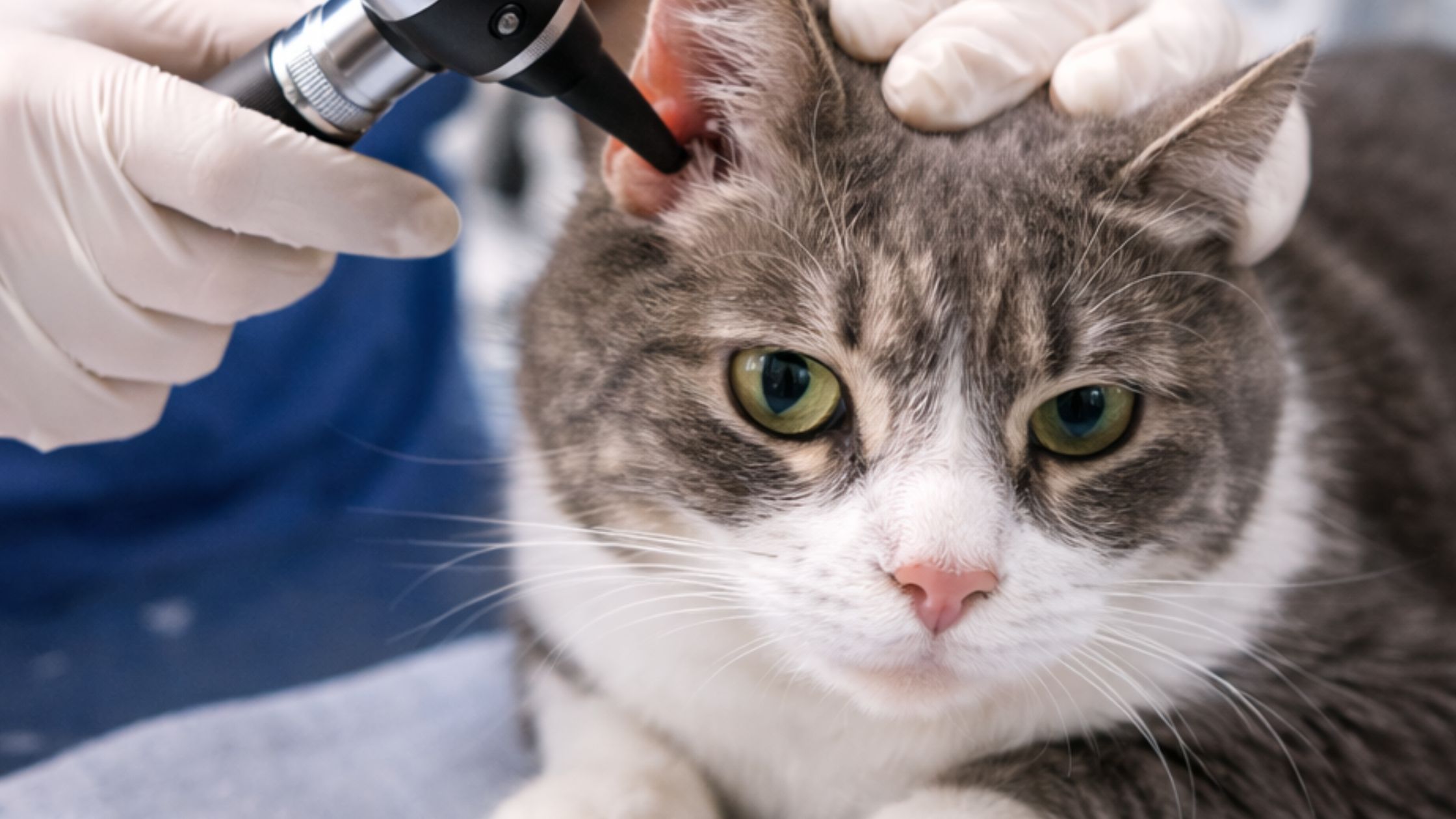Een dierenarts kijkt in de oor van een kat omdat deze mogelijk een oorontsteking heeft
