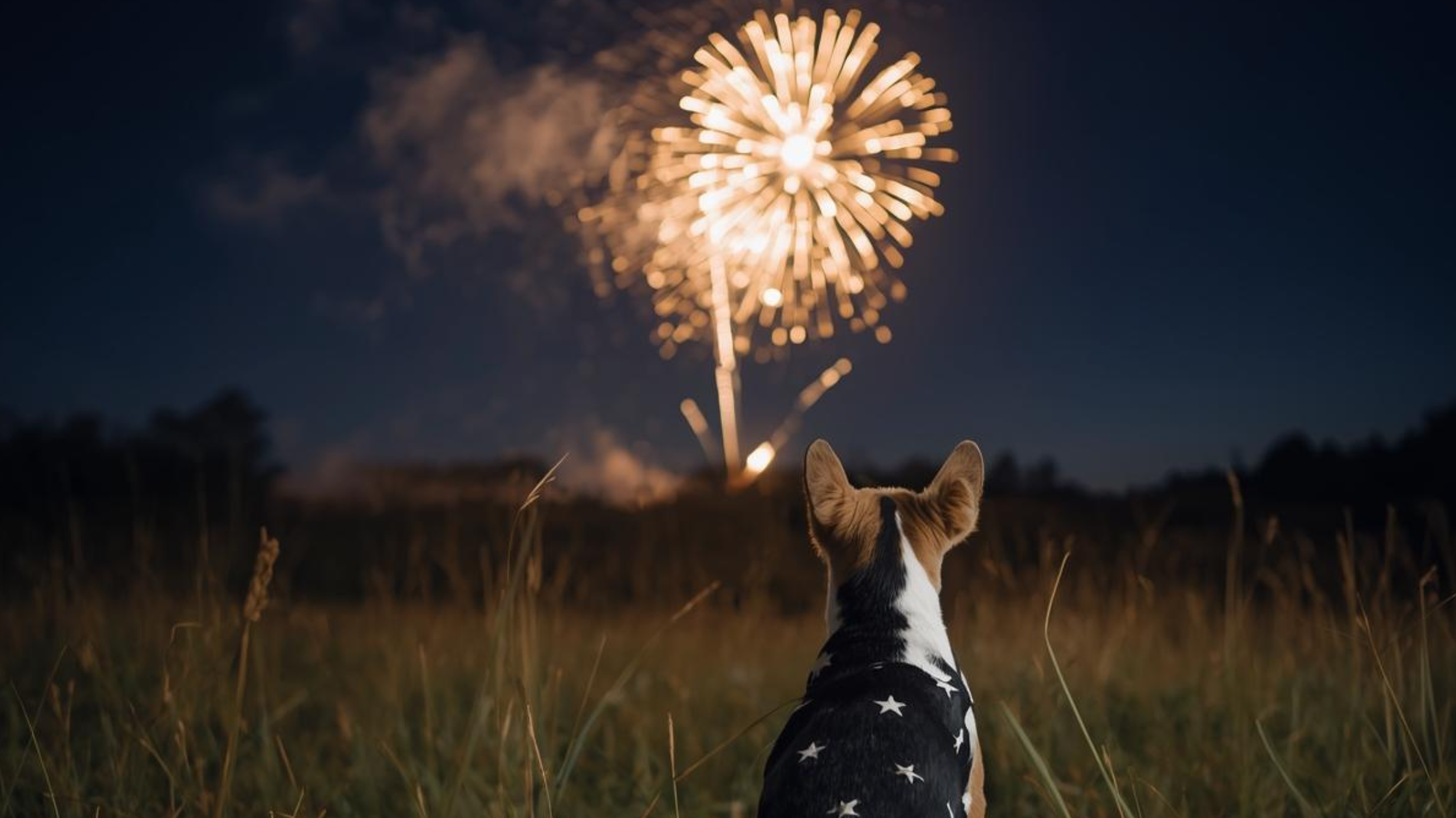Een foto van de achterhand van een hond met vuurwerkangst die zit in het gras en kijkt naar siervuurwerk. PetSecur