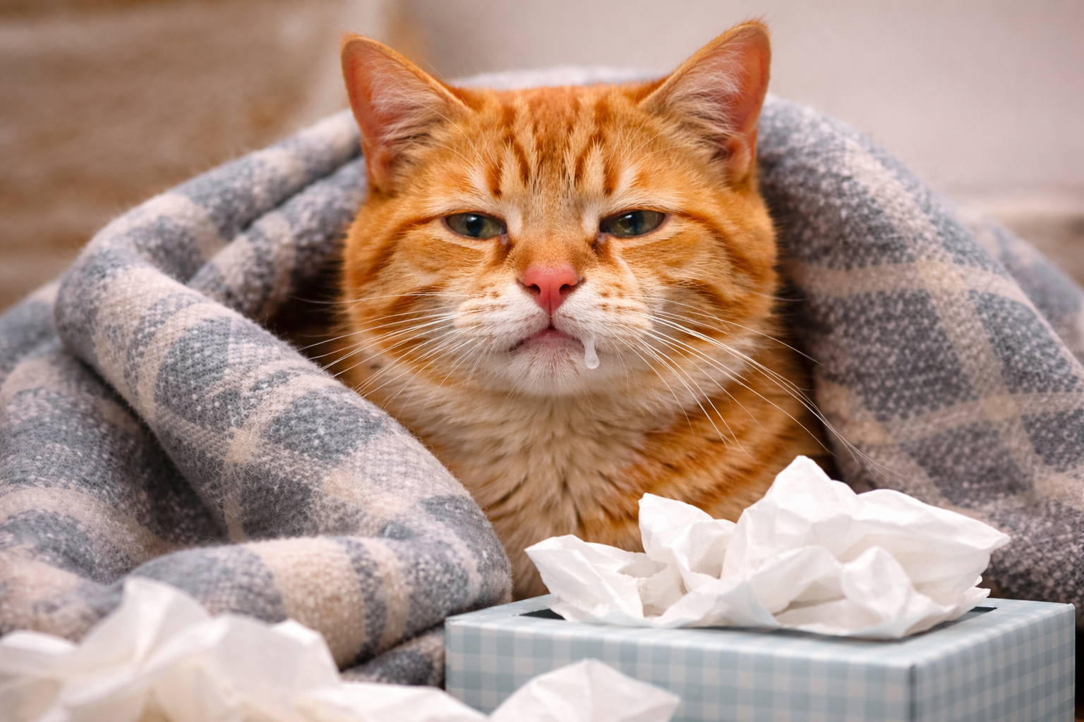 Een zieke kat onder een dekentje is verkouden
