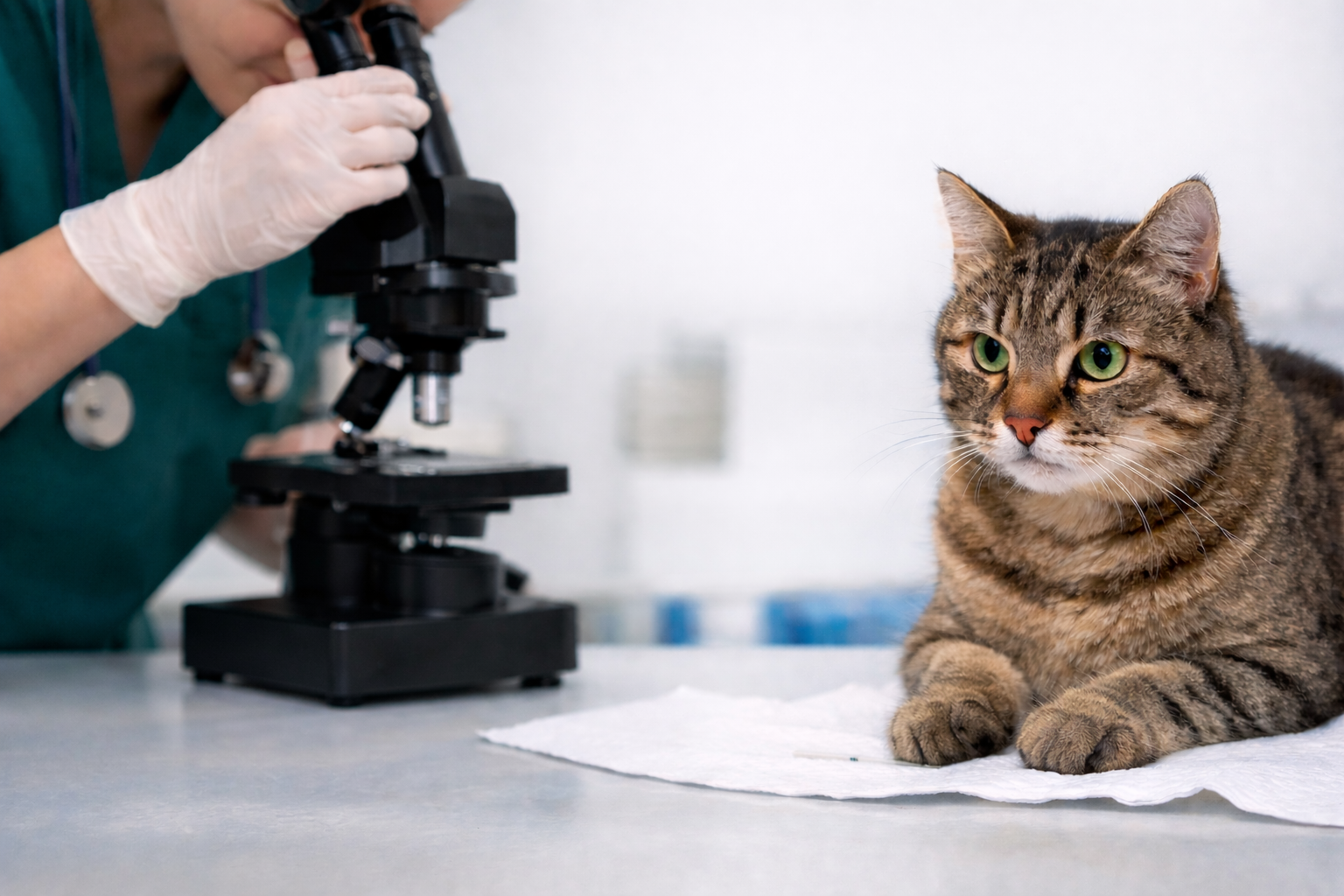 Een gestreepte kat krijgt een ontlastingsonderzoek bij de dierenarts