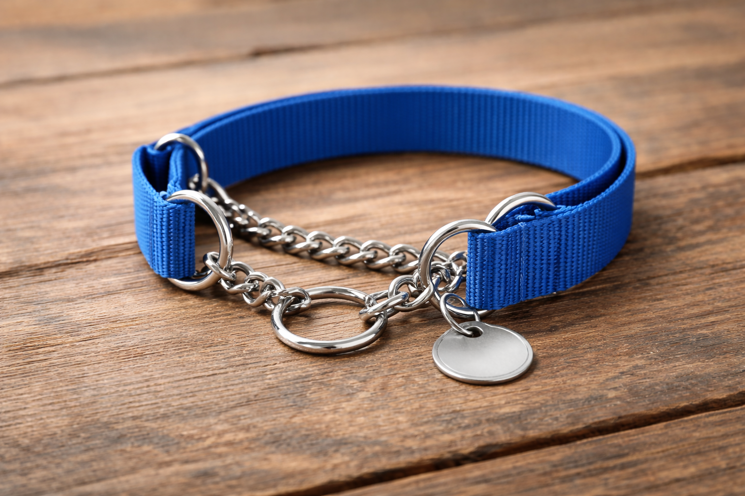Blauwe Martingale halsband op hout